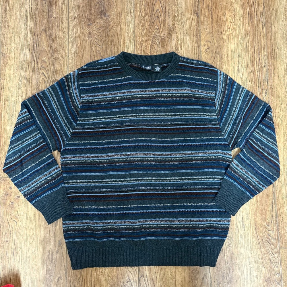 VTG‎ Haggar Mens XL Crewneck Sweater Grey Blue Striped Cotton 90s Knit Pullover